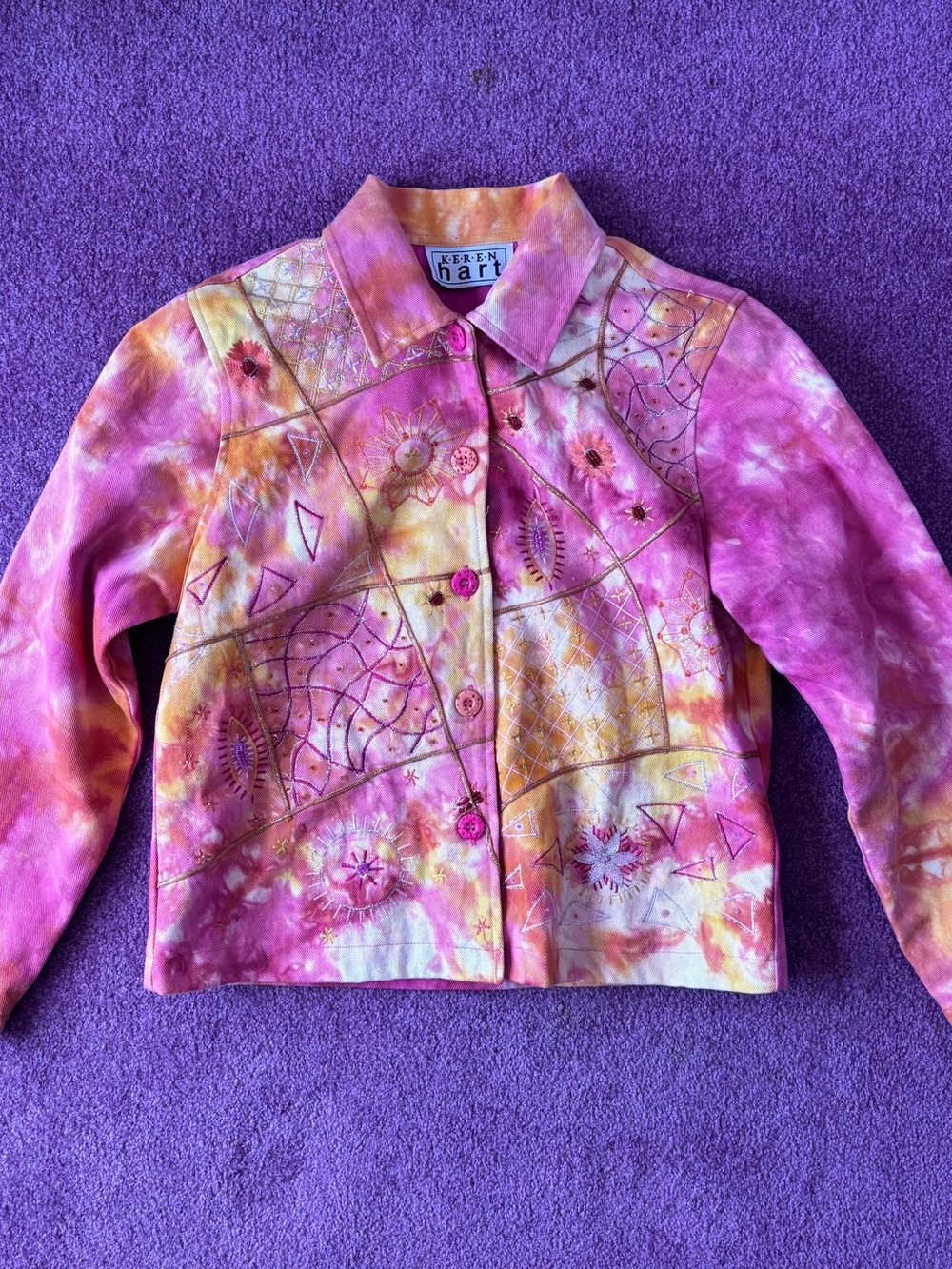 KEREN hart Pink and Orange Tie-Dye Embroidered Jean Jacket